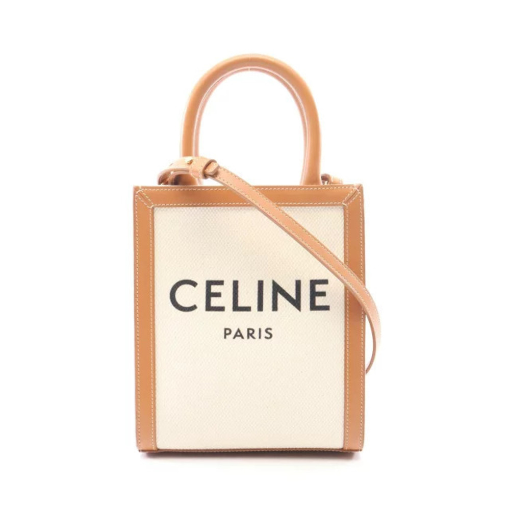 Celine Vertical Cabas Handbag Canvas Leather Ivory White Brown